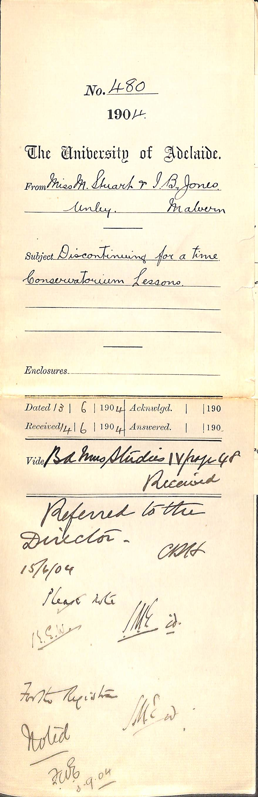 Discontinuing for a time Conservatorium Lessons