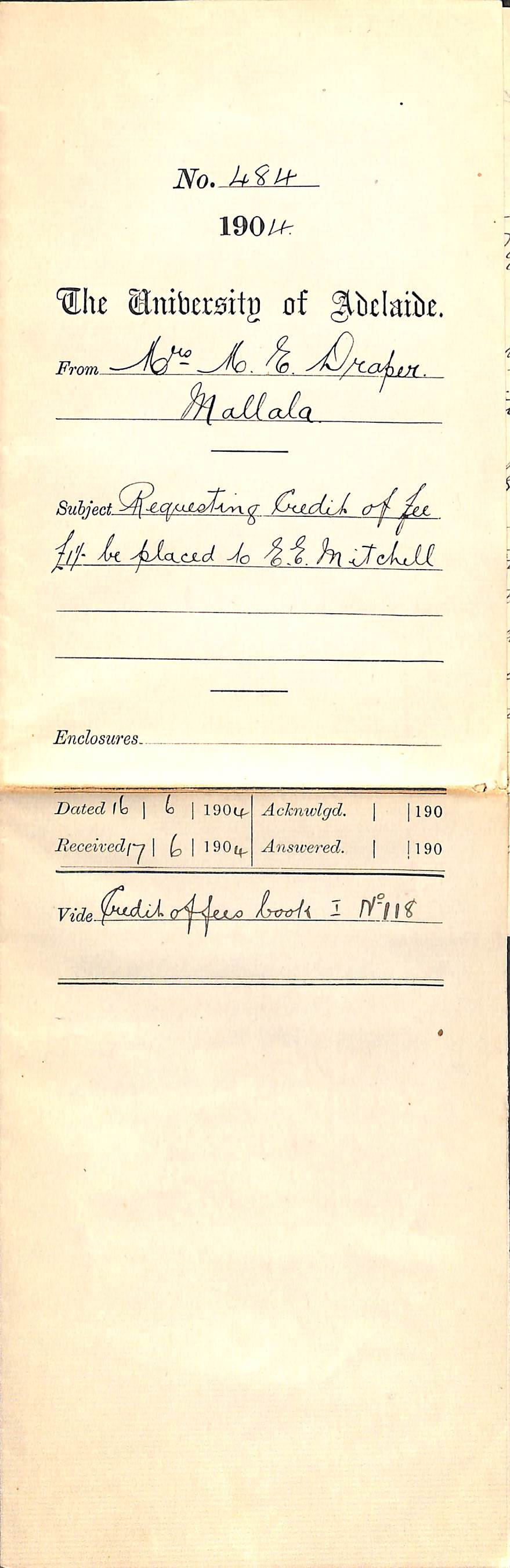 Requesting Credit of fee &pound;1-1-0 to be placed to E E Mitchell