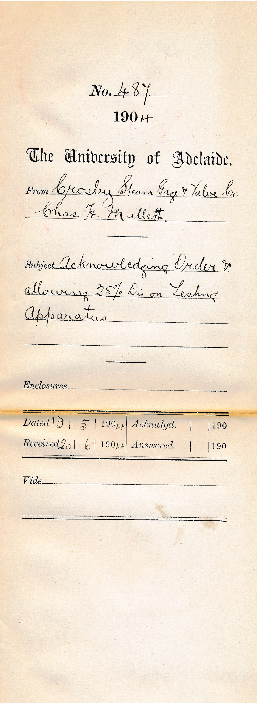 Acknowledging Order &amp; allowing 25% Discount on Testing Apparatus