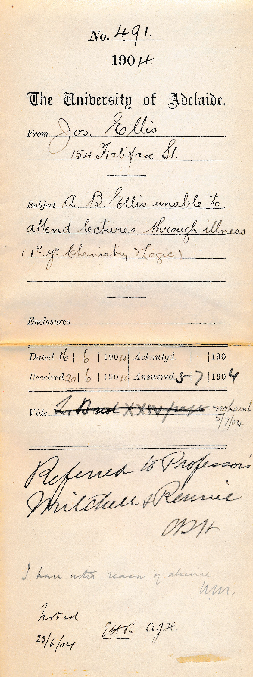 A B Ellis unable to attend lectures through illness 1st Year Chemistry &amp; Logic