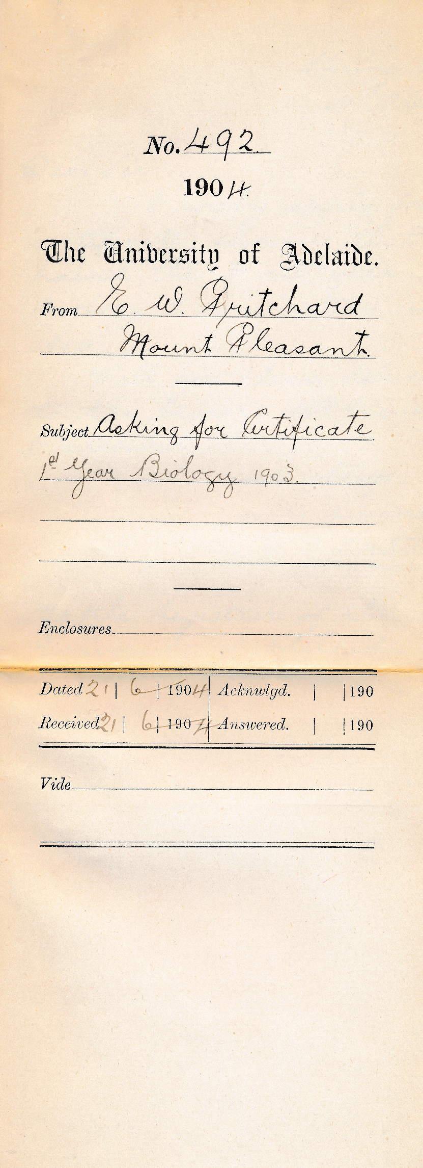 Asking for Certificate 1st Year Biology 1903