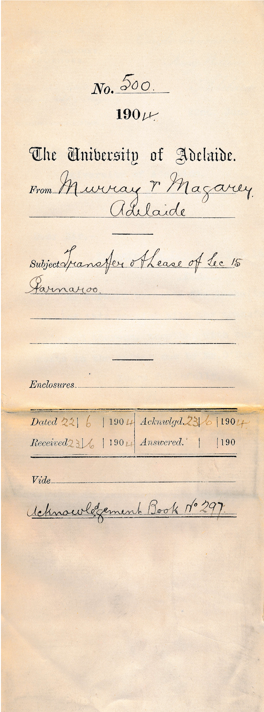 Transfer of Lease of Section 15 Parnaroo