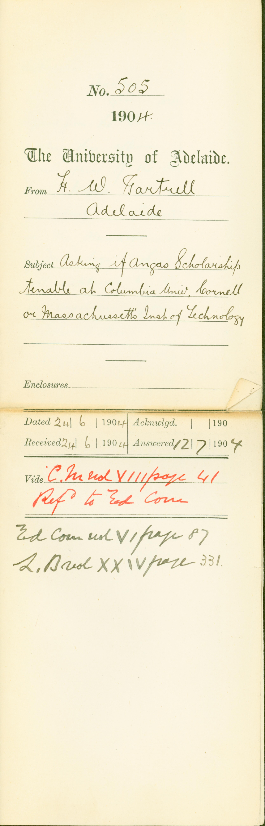 Asking if Angas Scholarship tenable at Columbia University, Cornell or Massachusetts Institute of Technology