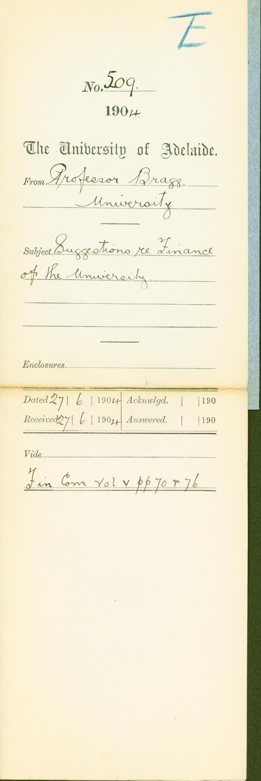 Suggestions re Finance of the University