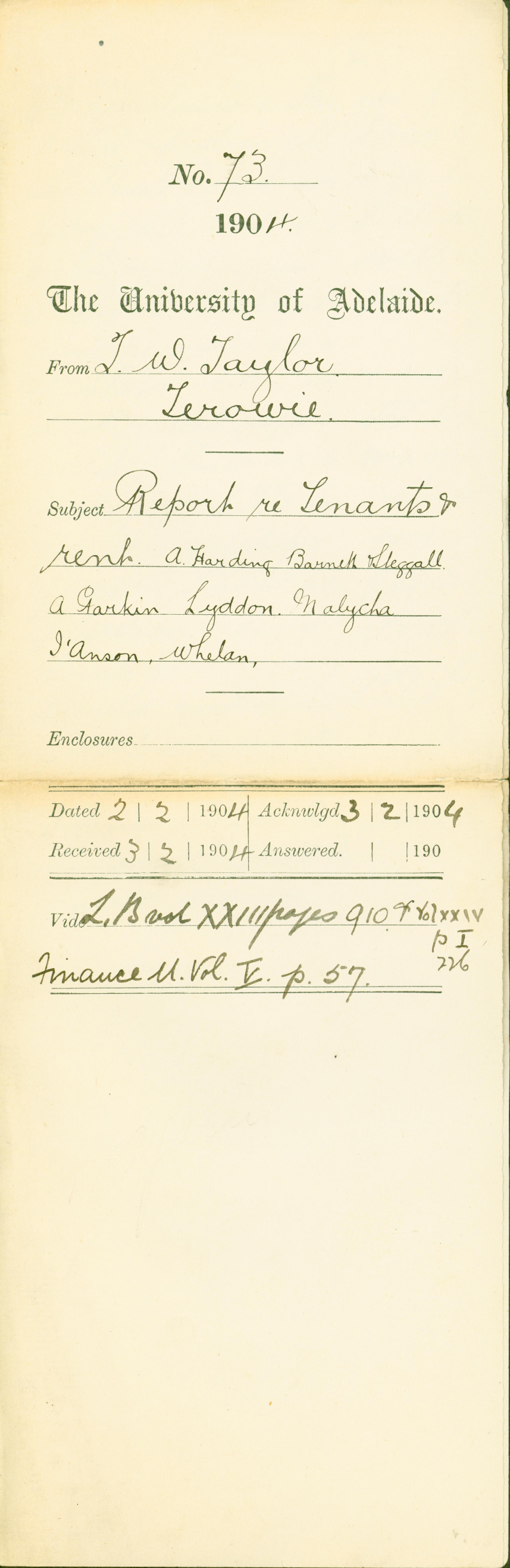 Report re Tenants and rent - A Harding - Barnett and Steggall - A Parkin, Lyddon, Malycha, l'Anson, Whelan