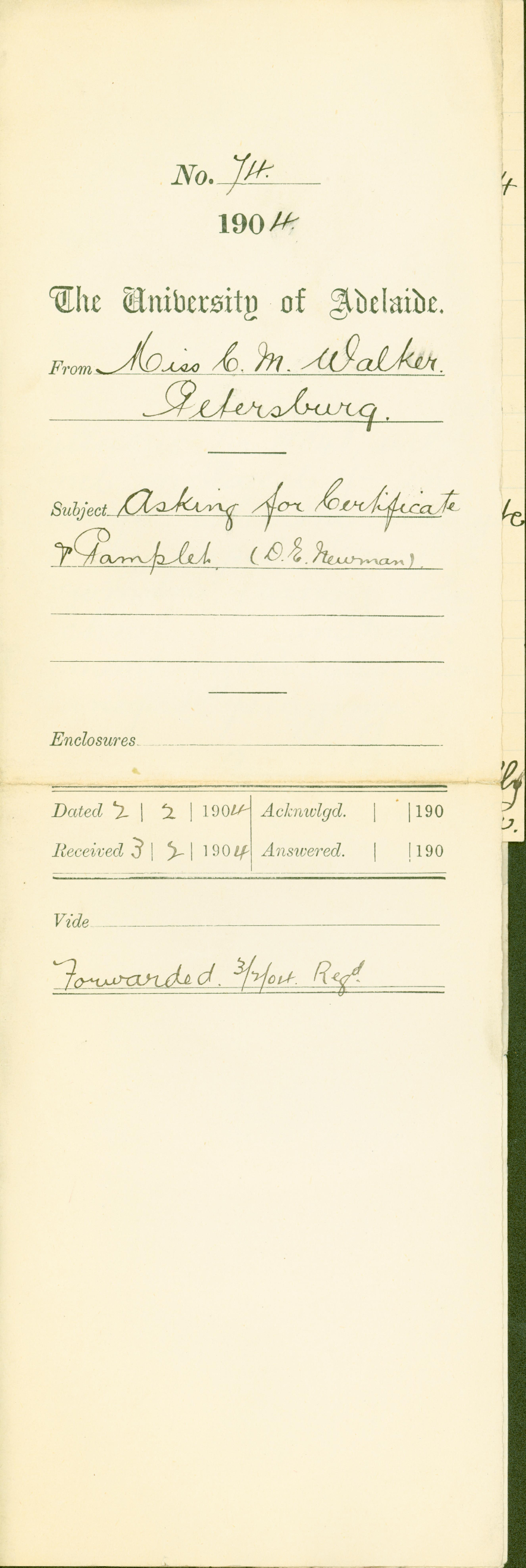 Asking for Certificate for Miss D E Newman and Pamphlet