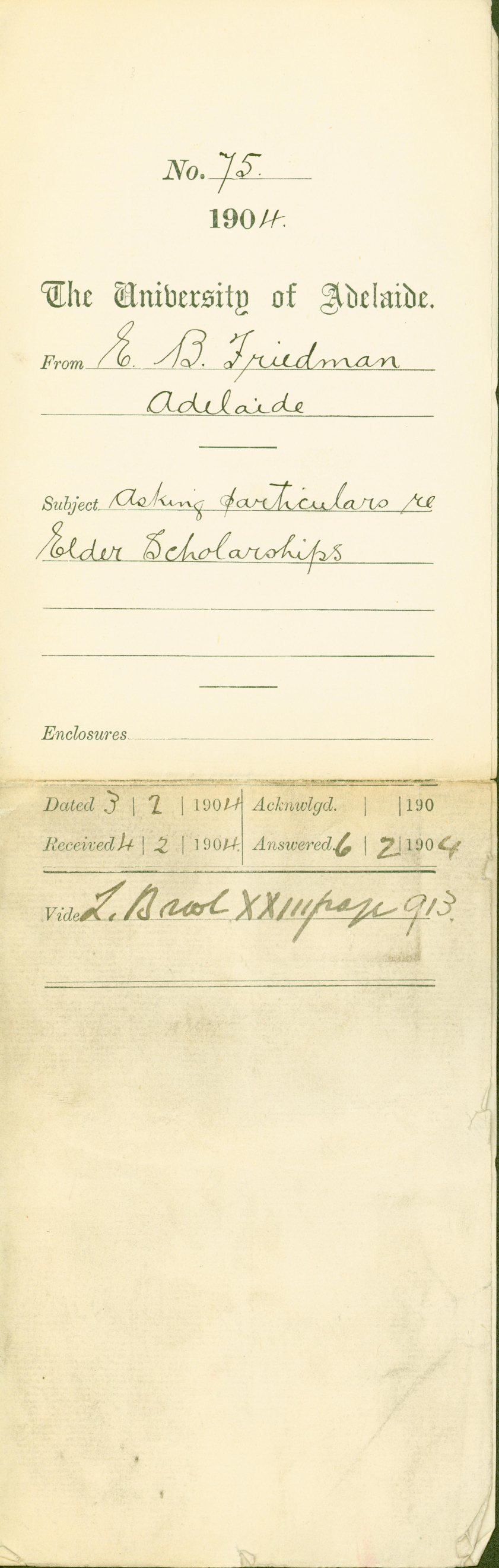 Asking particulars re Elder Scholarships