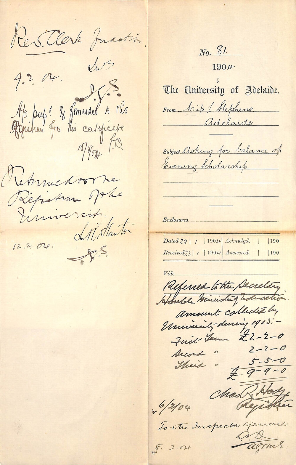 Asking  for balance of Evening Scholarship