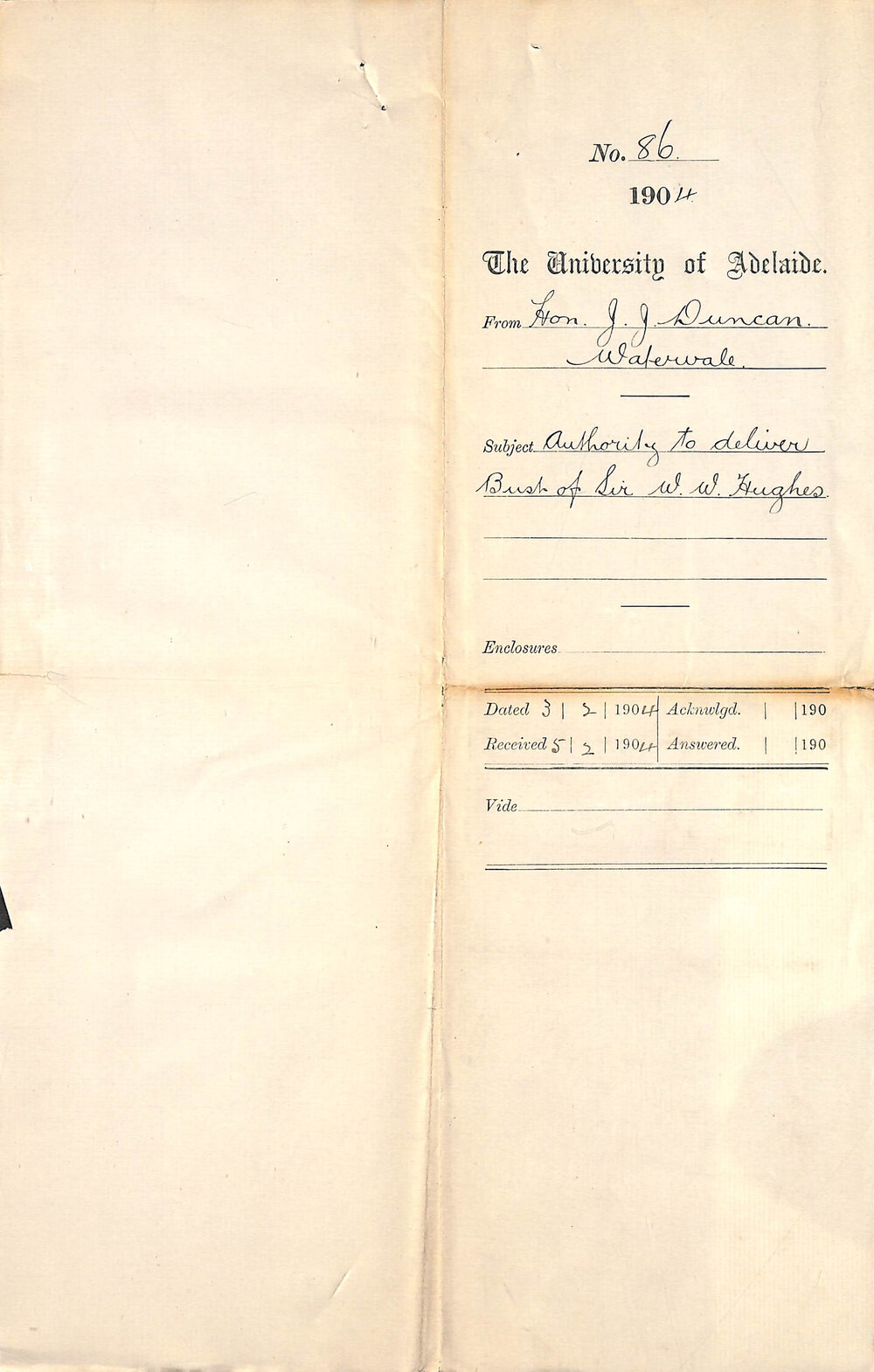 Authority to deliver Bust of Sir Walter Watson Hughes