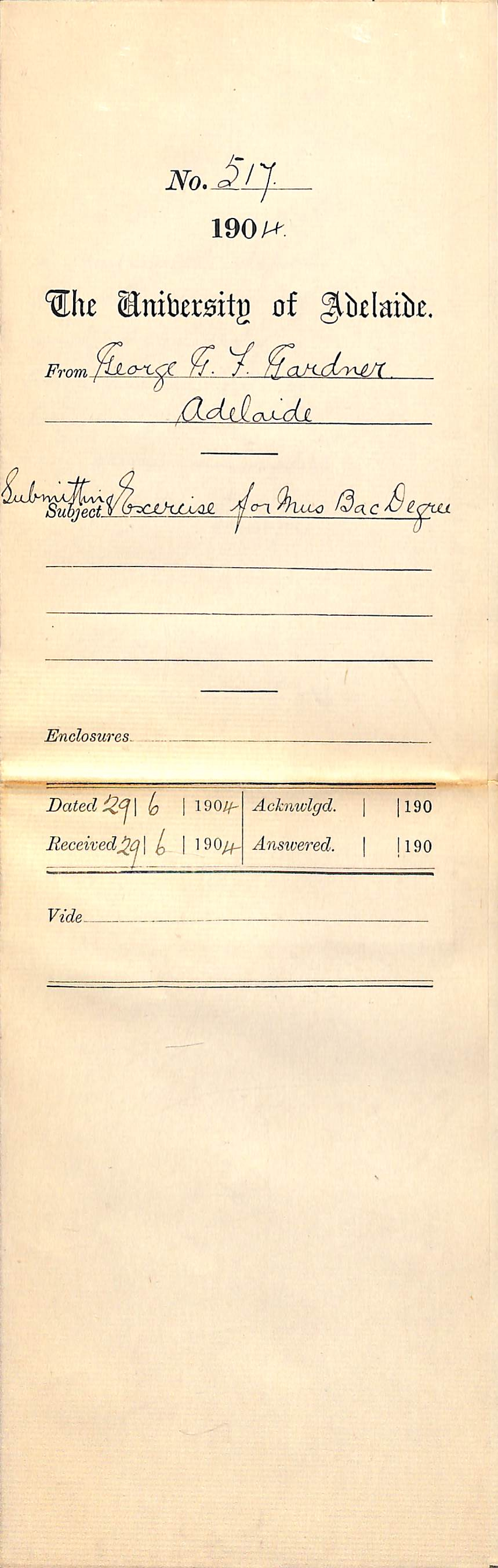 Submitting Exercise for Mus Bac Degree