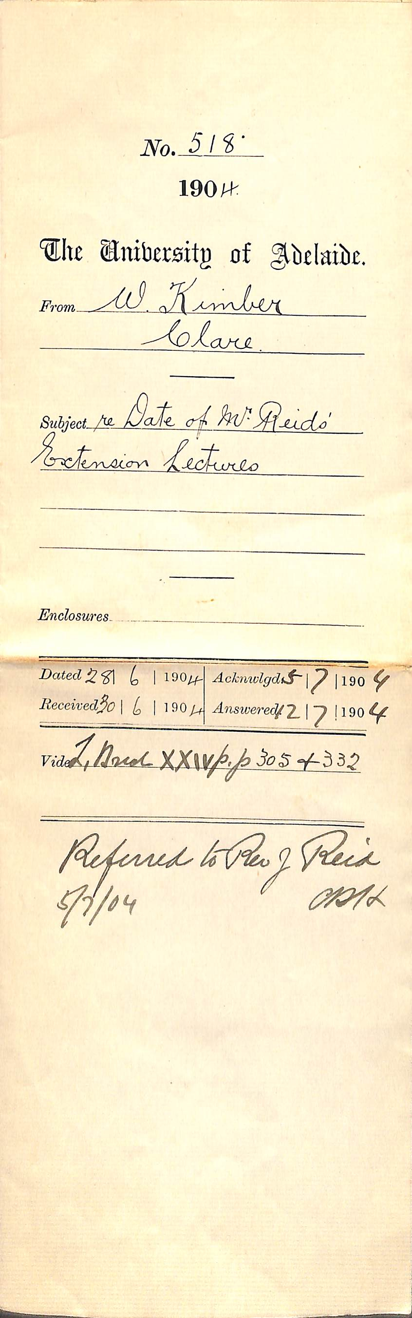 Re Date of Mr Reids Extension Lectures