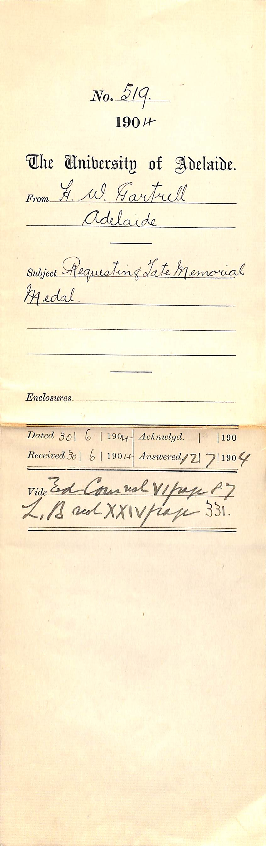 Requesting Tate Memorial Medal