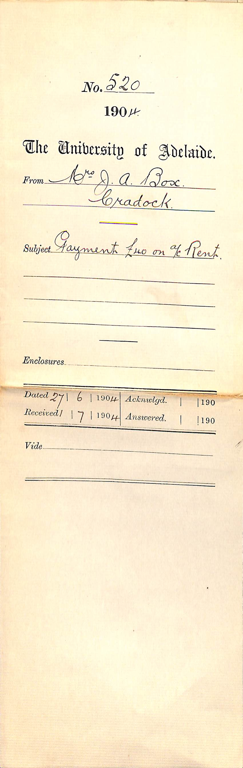 Payment 40 pounds on Account Rent