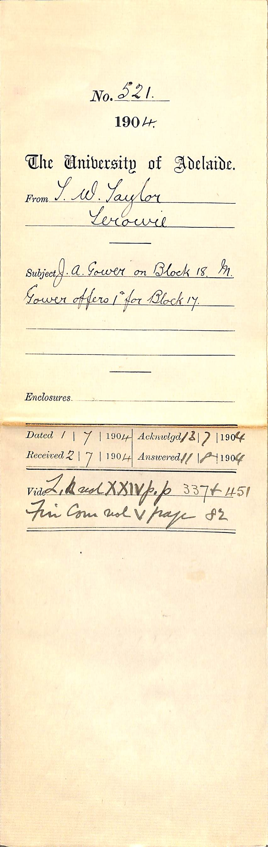 J A Gower on Block 18 M Gower offers 1d for Block 17