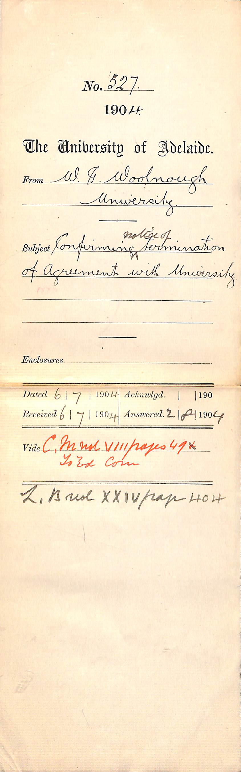 Confirming Notice of Termination of Agreement with the University