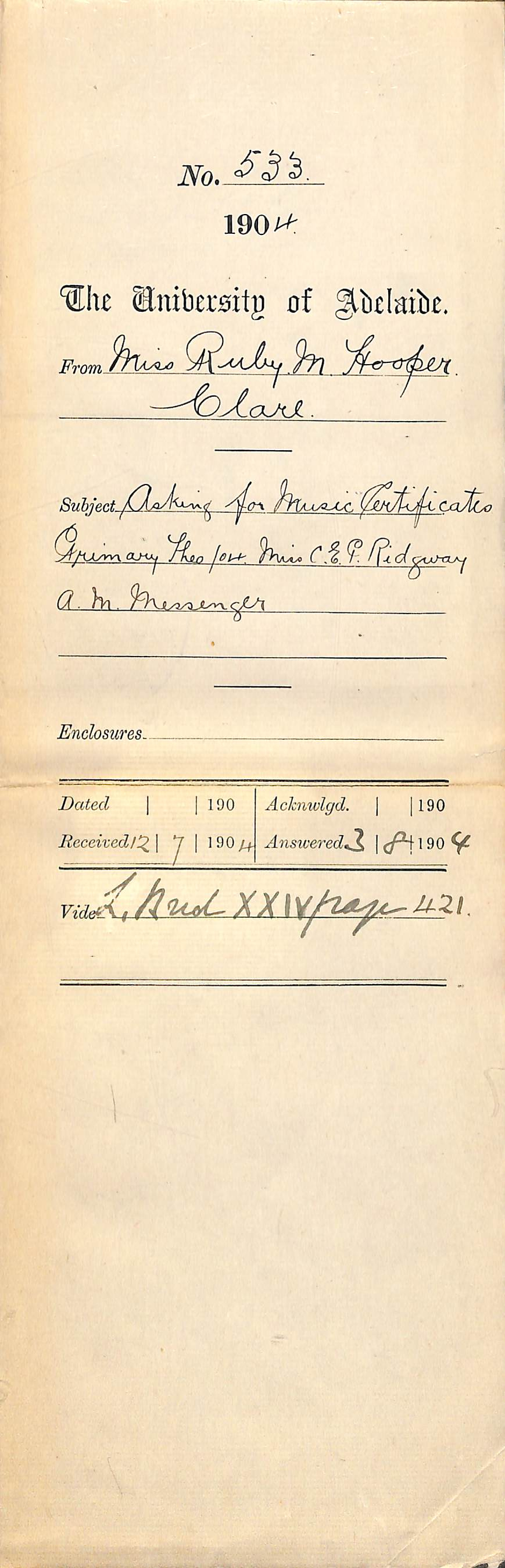 Asking for Music Certificates Primary Theory for Miss C E P Ridgway - A M Messenger