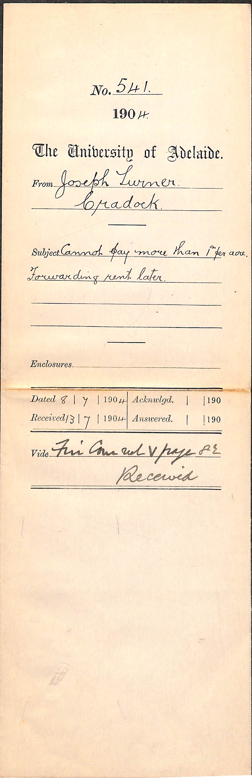 Cannot pay more than 1d per acre Forwarding rent later