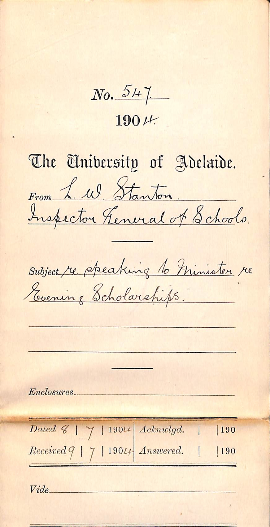 Re Speaking to Minister re Evening Scholarships