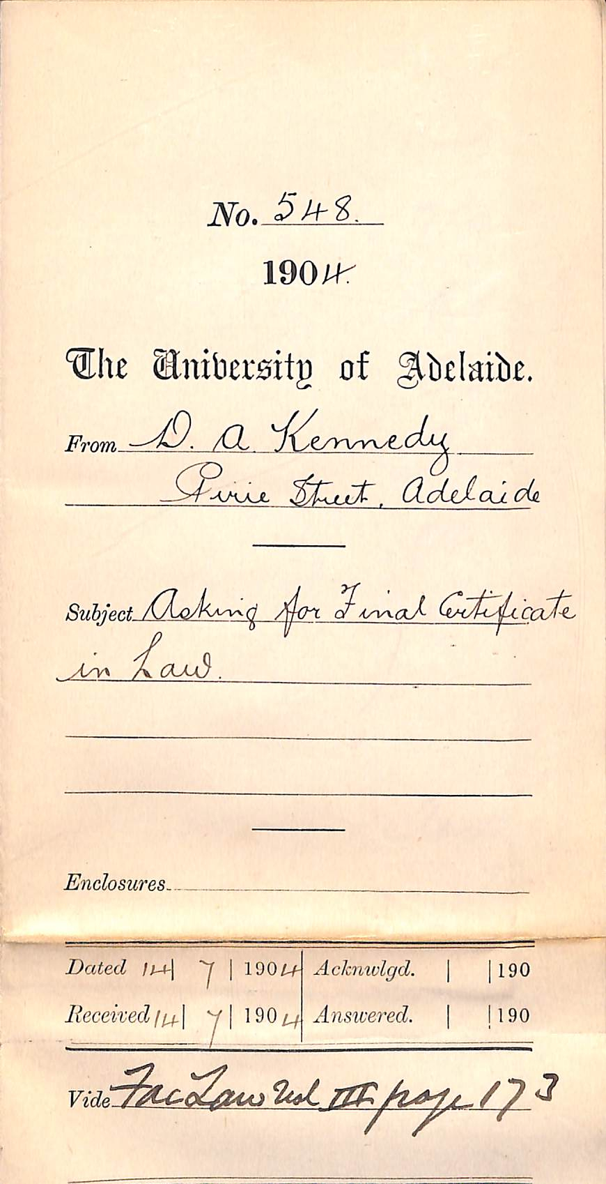 Asking for Final Certificate in Law - Kennedy