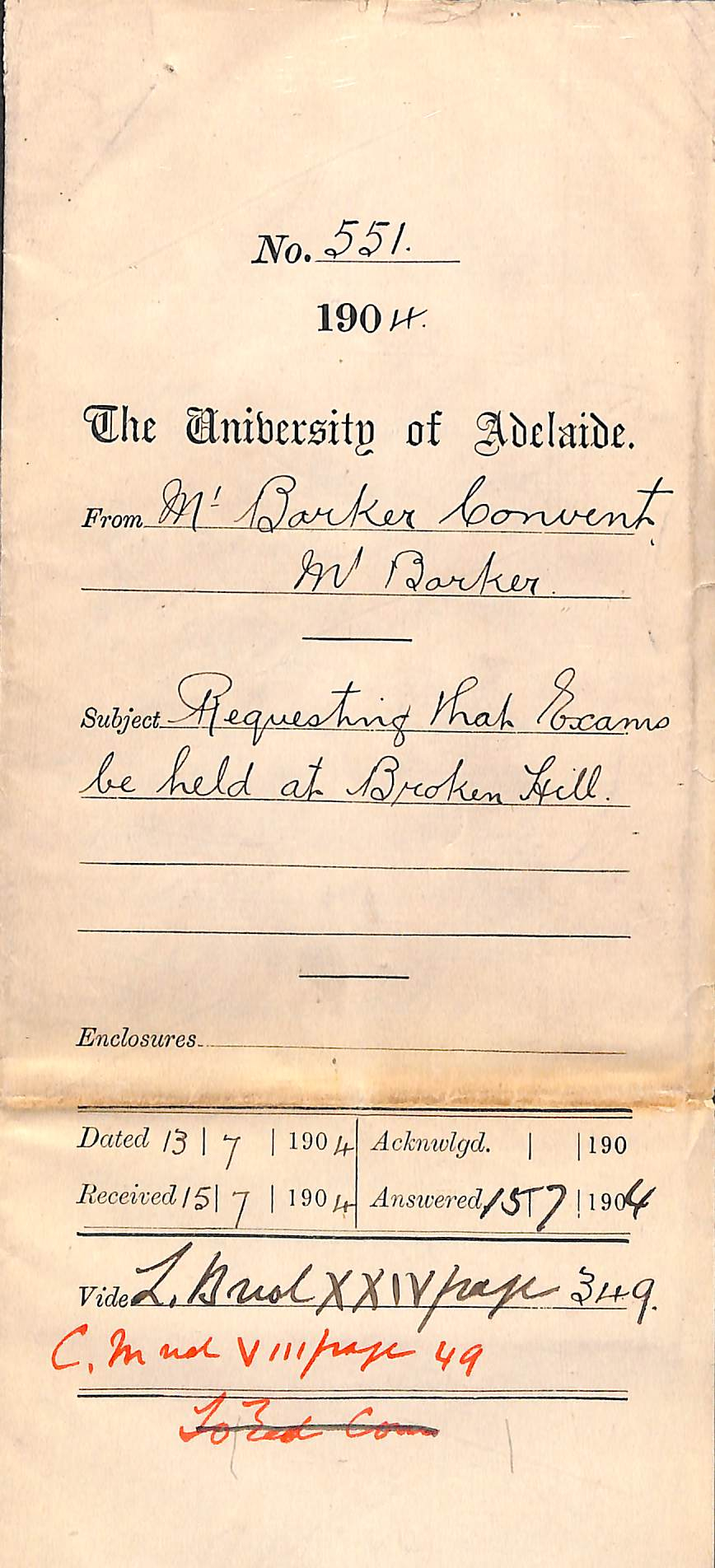 Requesting that Exams be held at Broken Hill