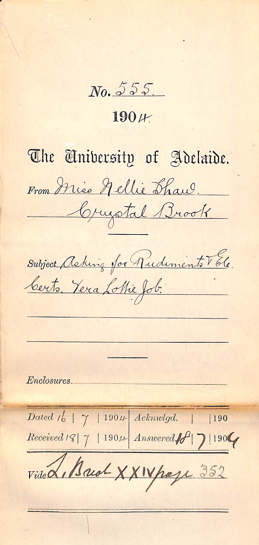 Asking for Rudiments and Elementary Certificates Vera Lottie Job