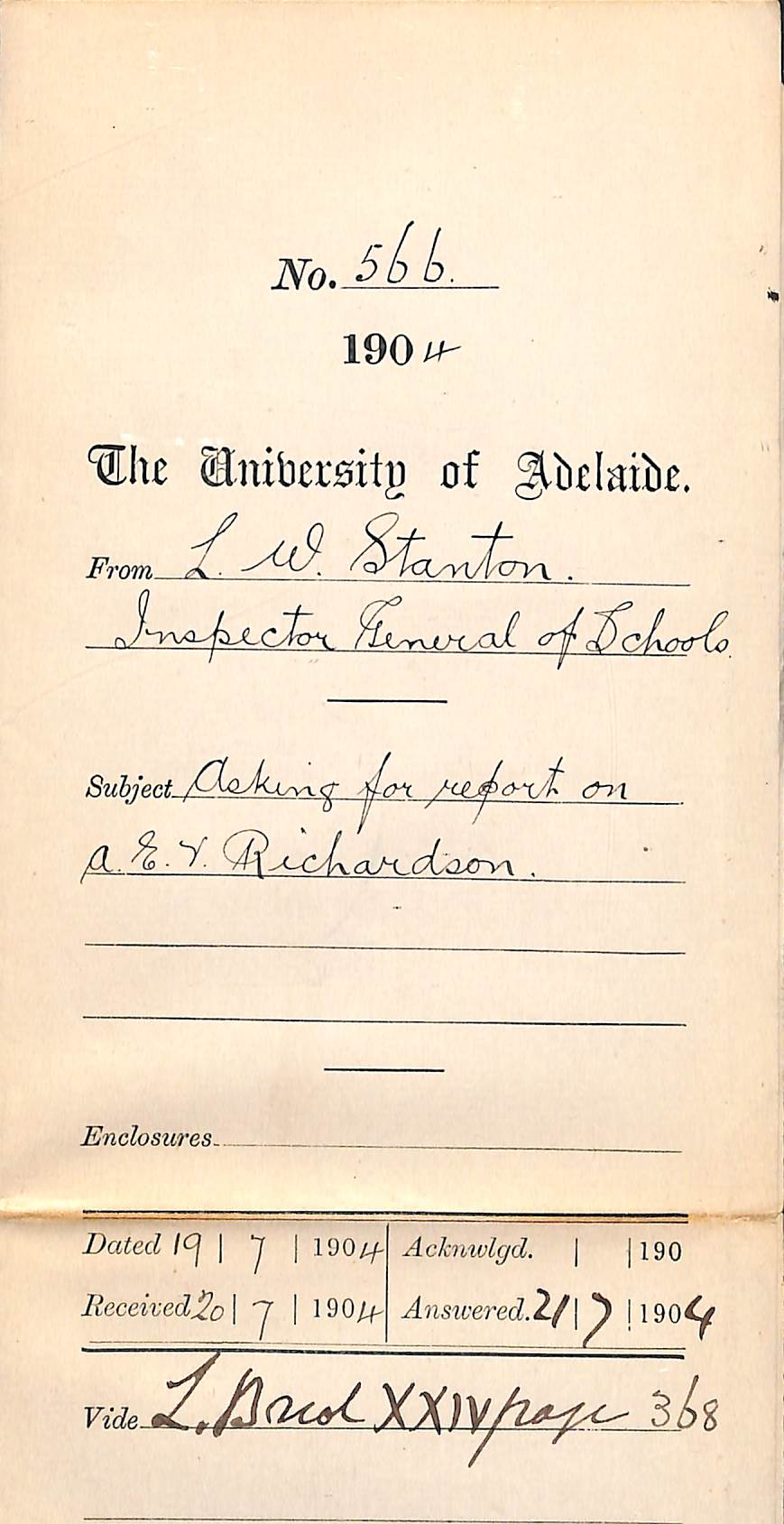 Asking for Report on Arnold Edwin Victor Richardson