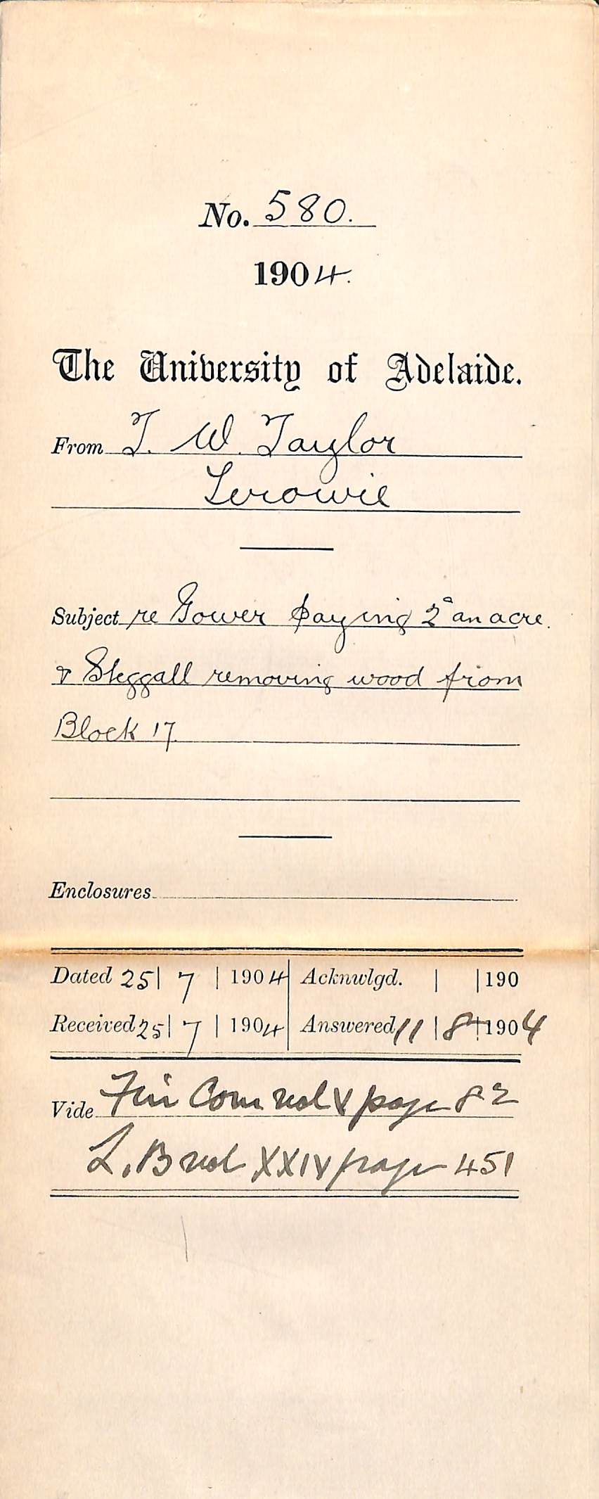 Re Gower paying 2d an acre and Steggall removing wood from Block 17