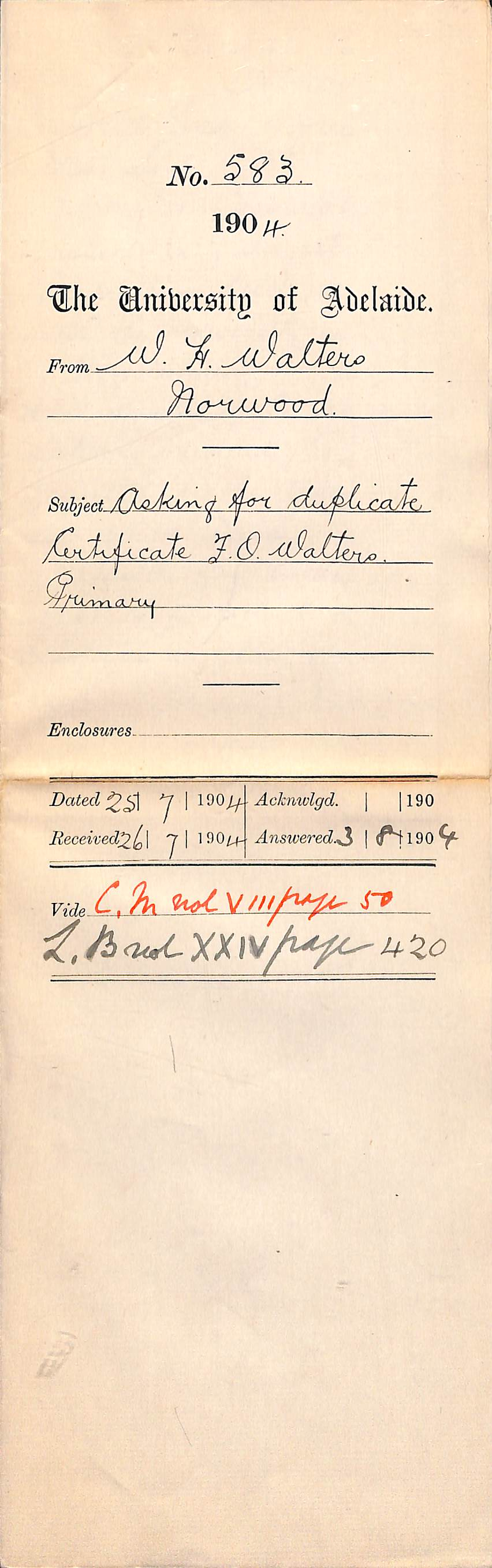 Asking for Duplicate Certificate F O Walters Primary