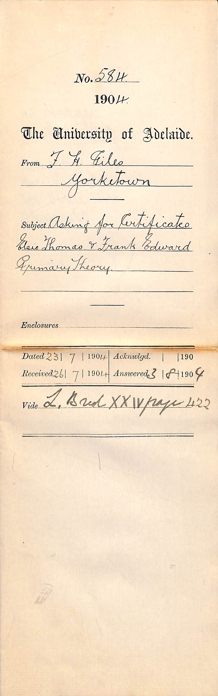 Asking for Certificates Elsie Thomas and Frank Edward Primary Theory