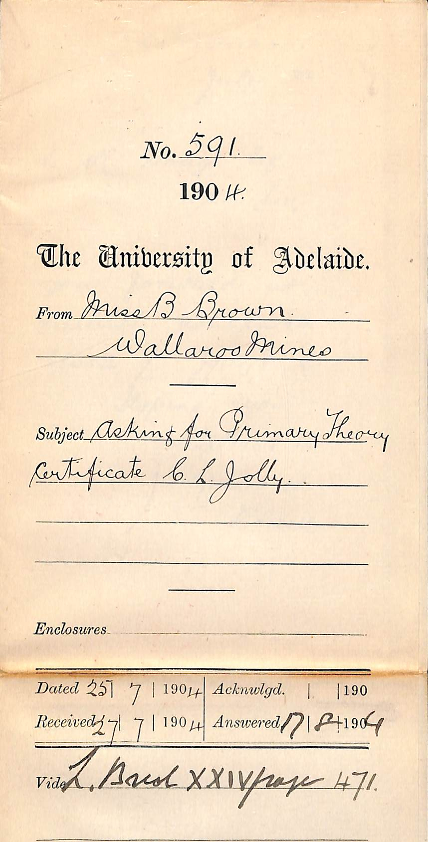 Asking for Primary Theory Certificate C L Jolly