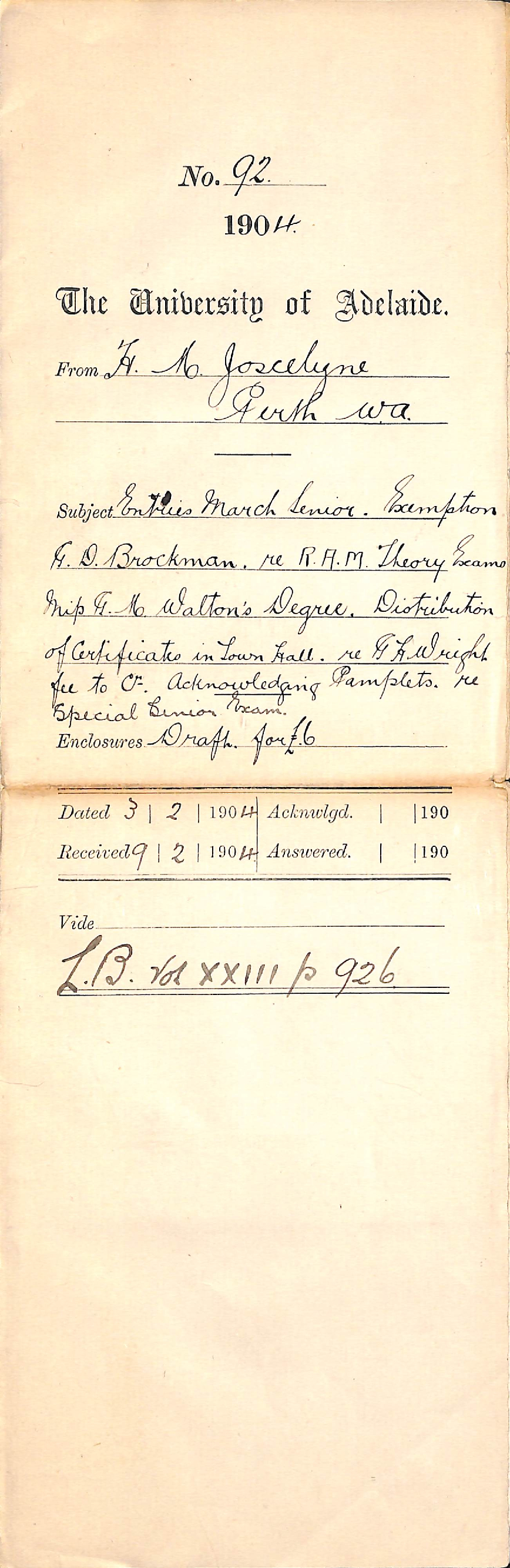Exemption G D Brockman - Miss G M Walton's Degree