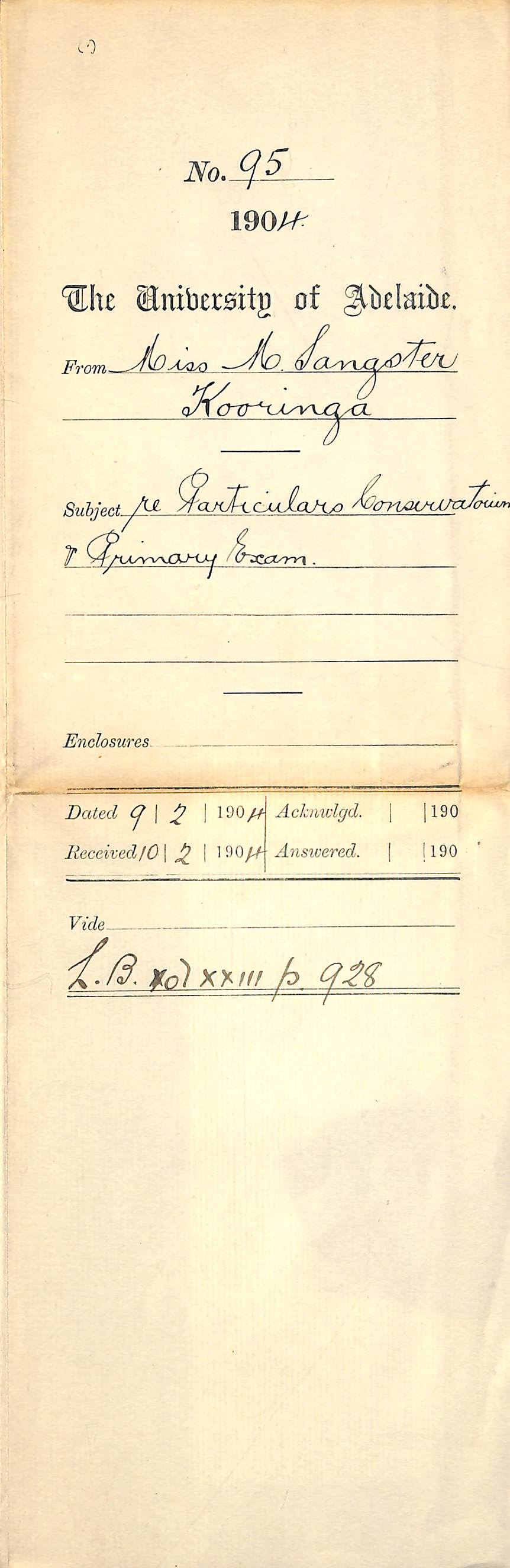 Particulars of entry to Conservatorium