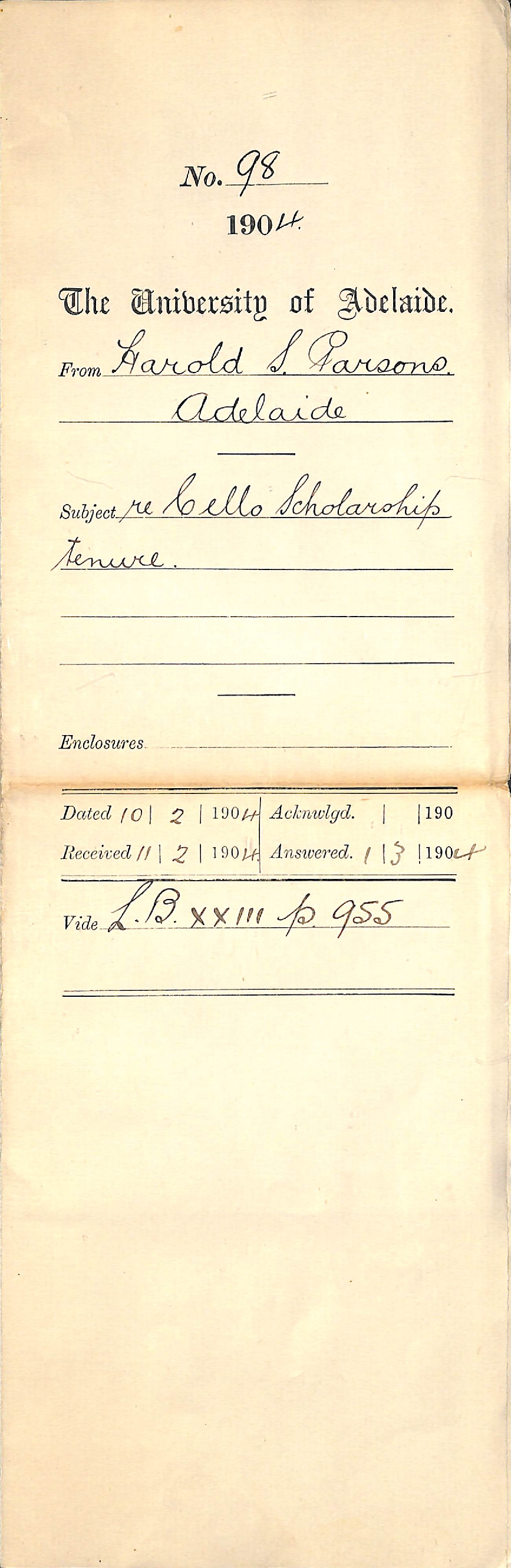 Re tenure of Cello Elder Scholarship