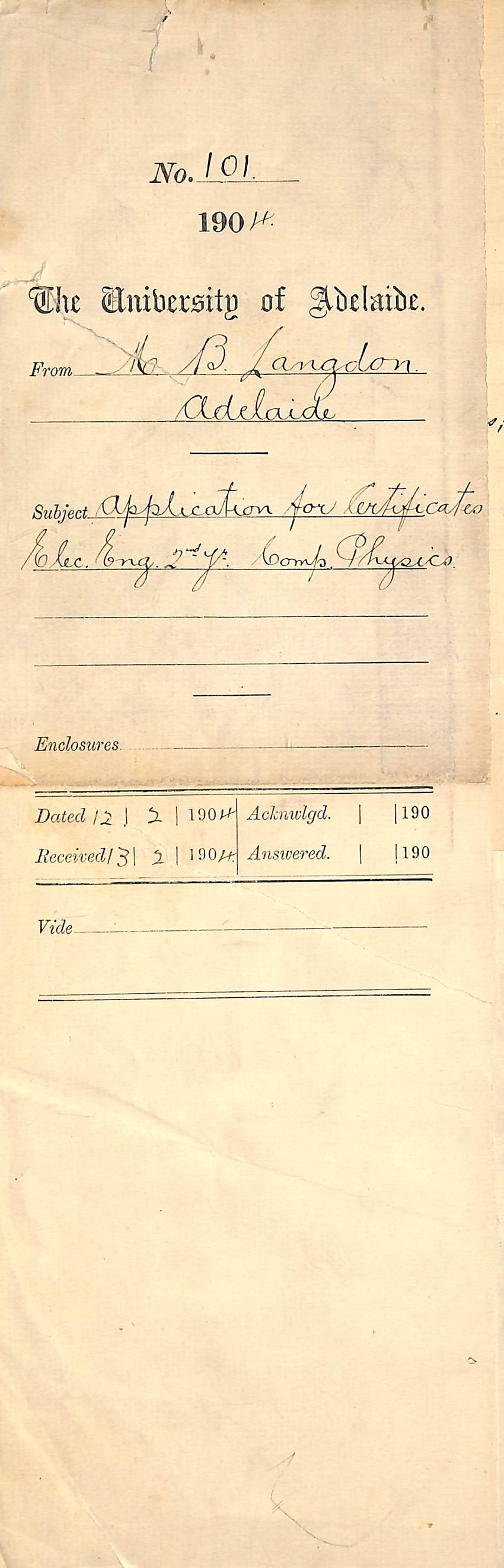 Monamy Burnet Langdon - Application for Certificates