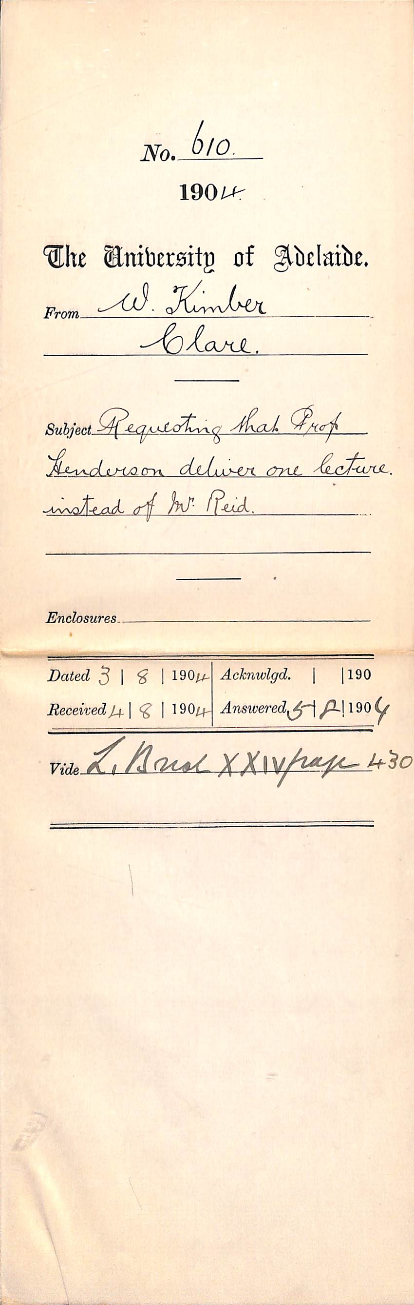 Requesting that Professor Henderson deliver one lecture instead of Mr Reid