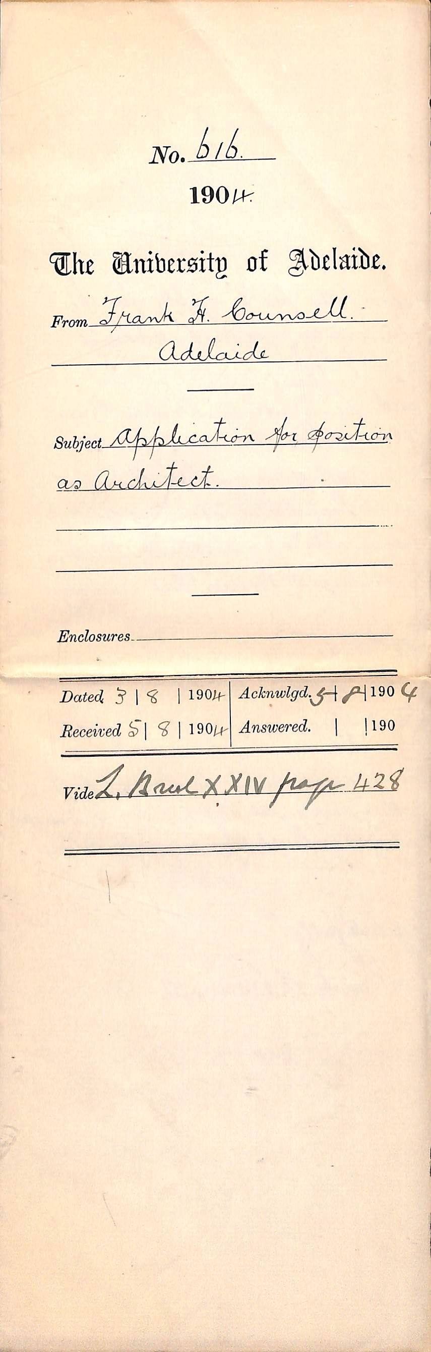 Application for position as Architect