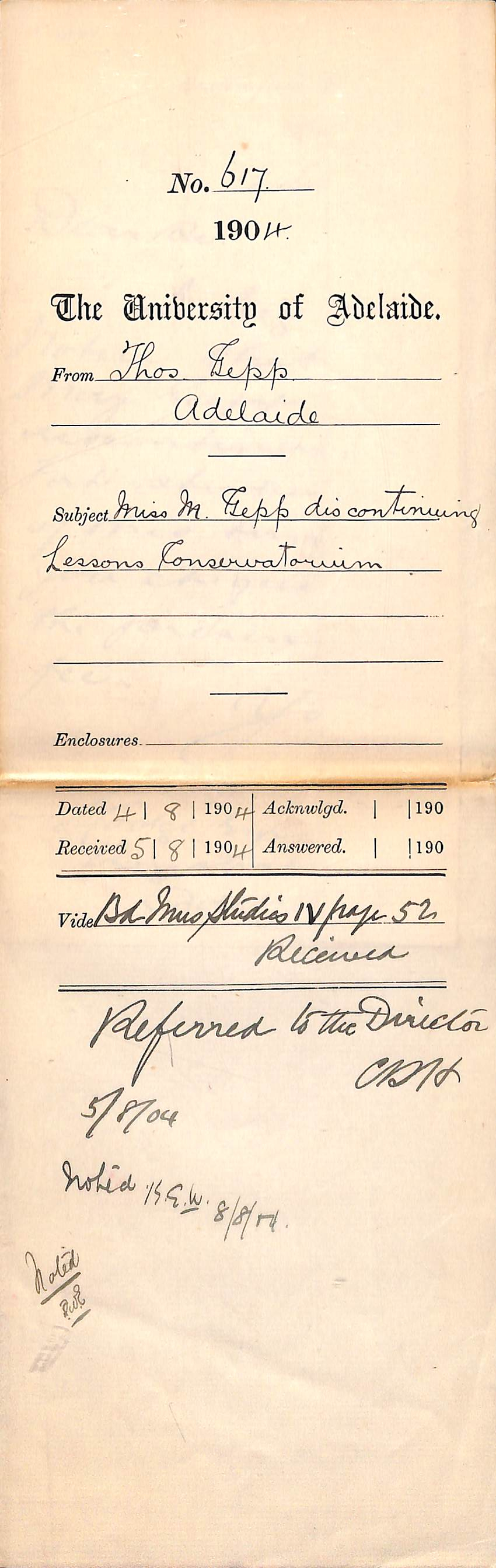 Miss May Gepp discontinuing Lessons Conservatorium