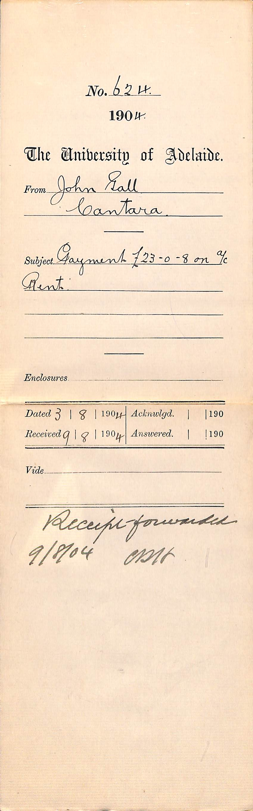 Payment 23-0-8 pounds on account Rent