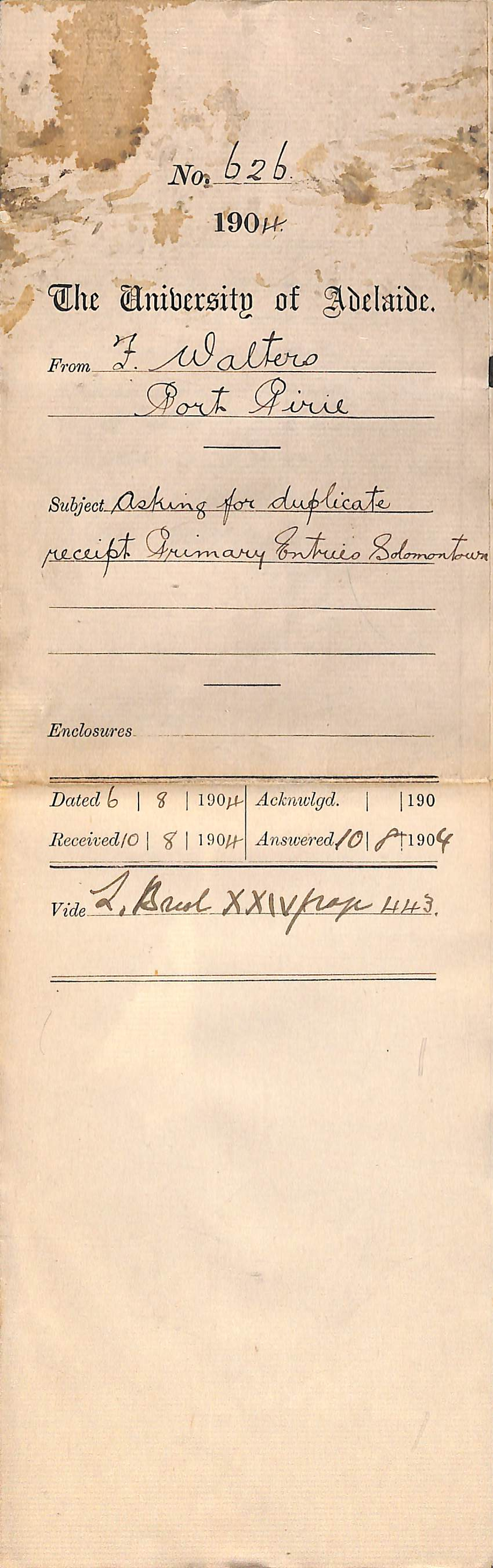 Asking for duplicate receipt Primary Entries Solomontown