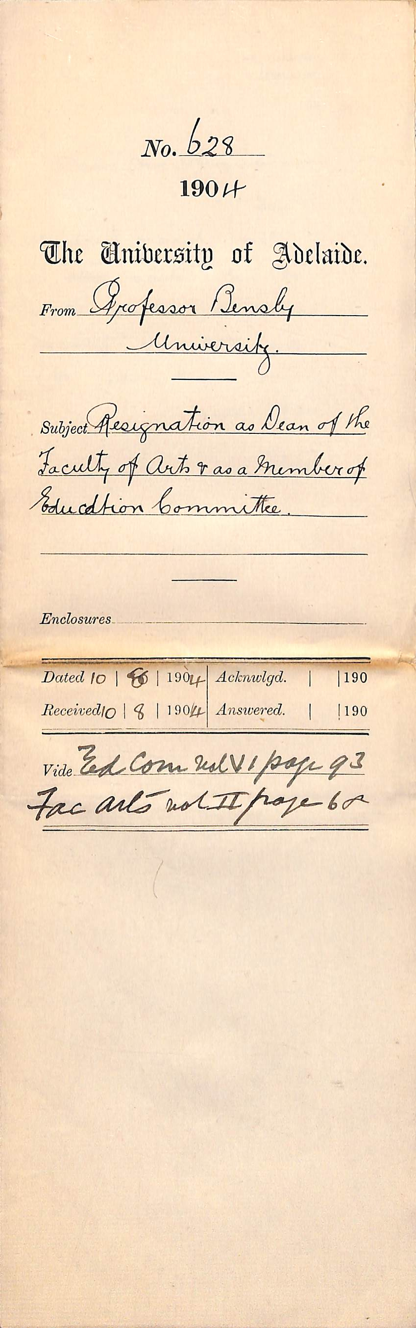 Resignation as Dean of the Faculty of Arts and as Member of Education Committee