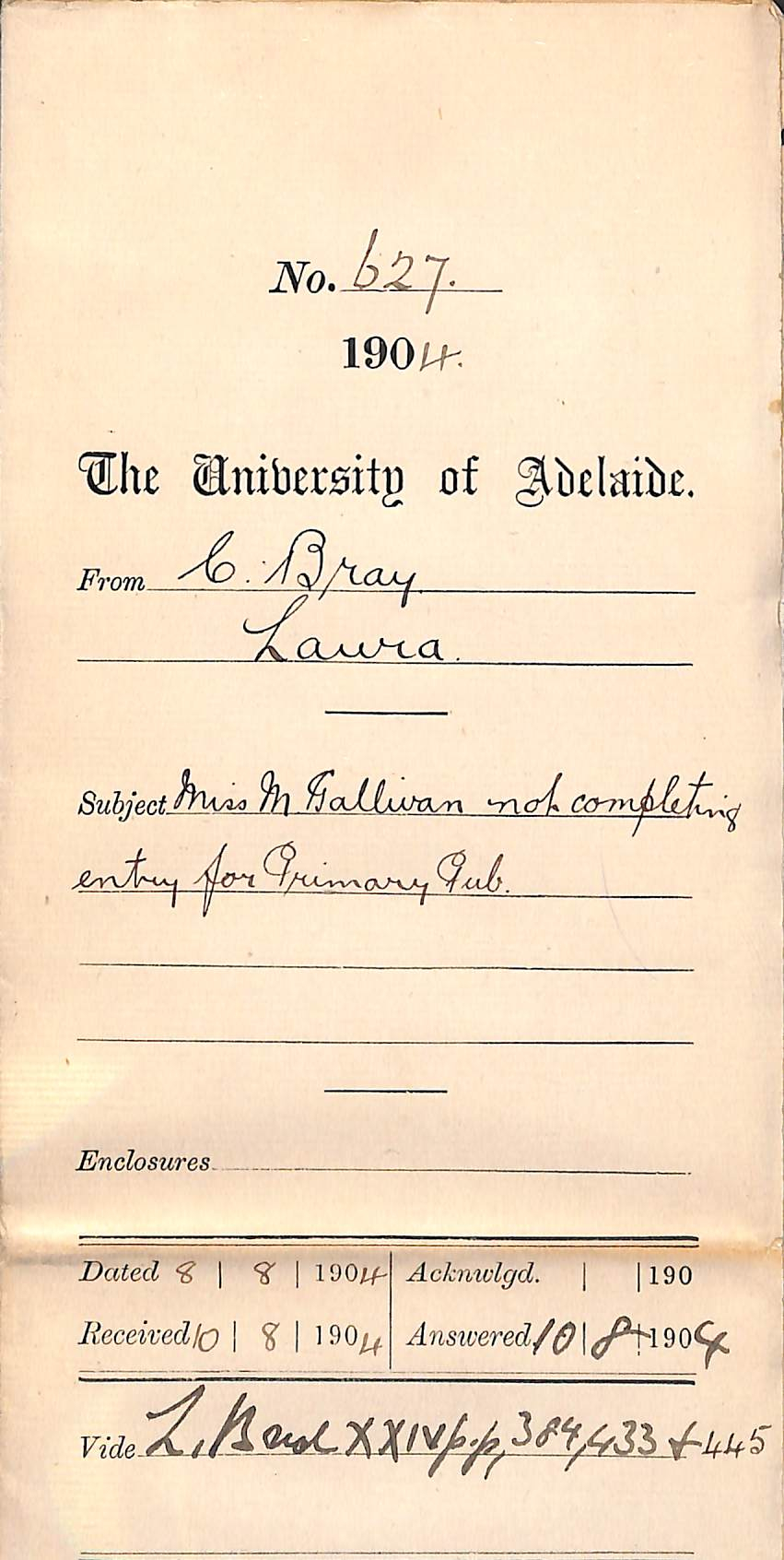 Miss M Gallivan not completing entry for Primary Public