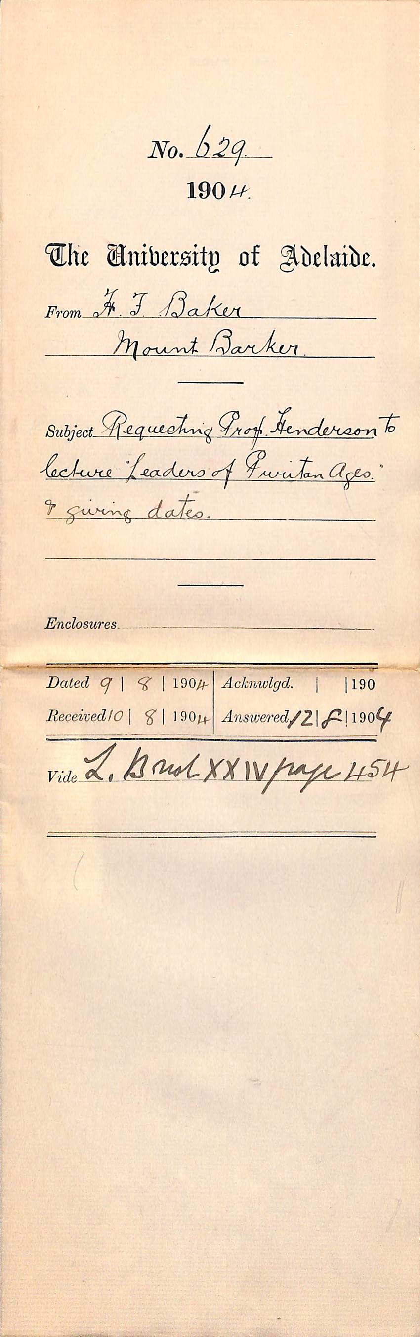 Requesting Professor Henderson to lecture Leaders of Puritan Ages and giving dates