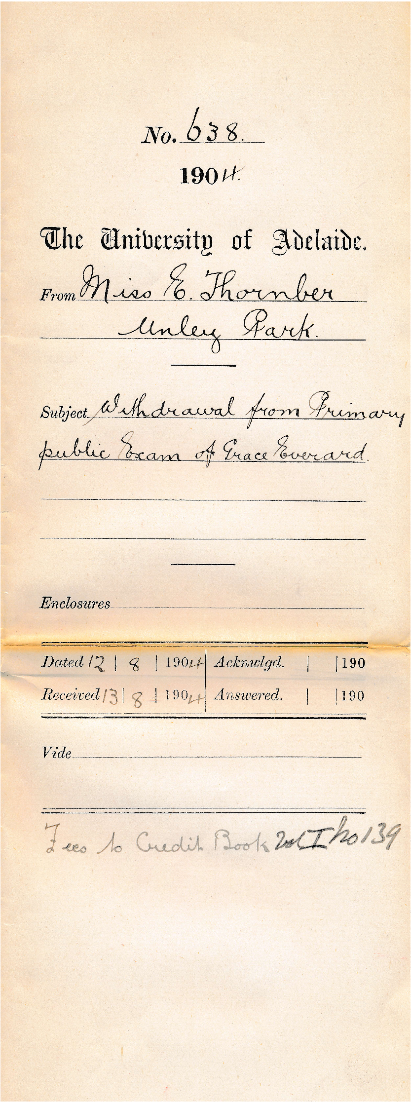 Withdrawal from Primary Public Exam of Grace Everard