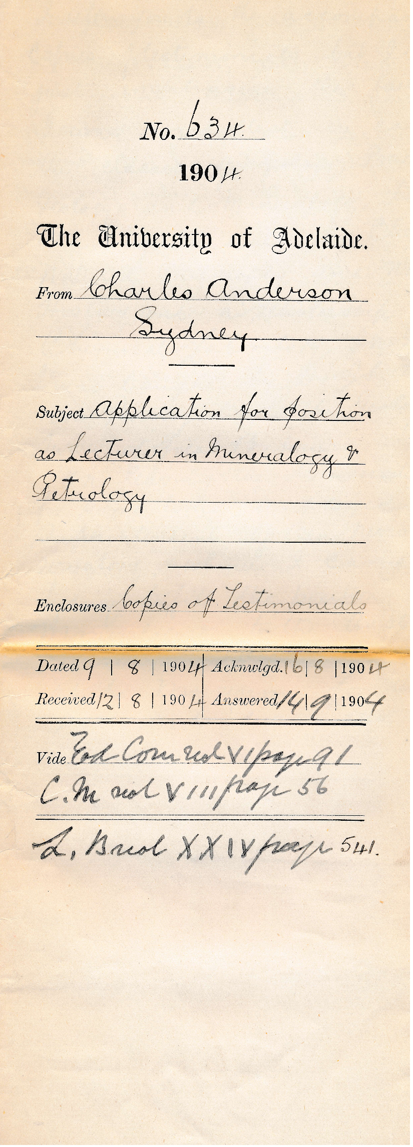 Application for position as Lecturer in Mineralogy &amp; Petrology