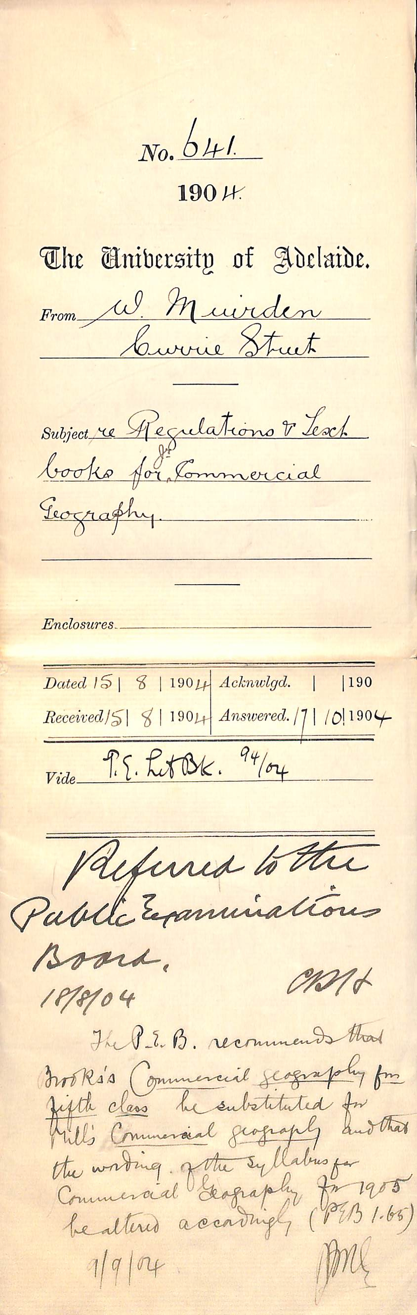 Re Regulations and Text Books for Junior Commercial Geography