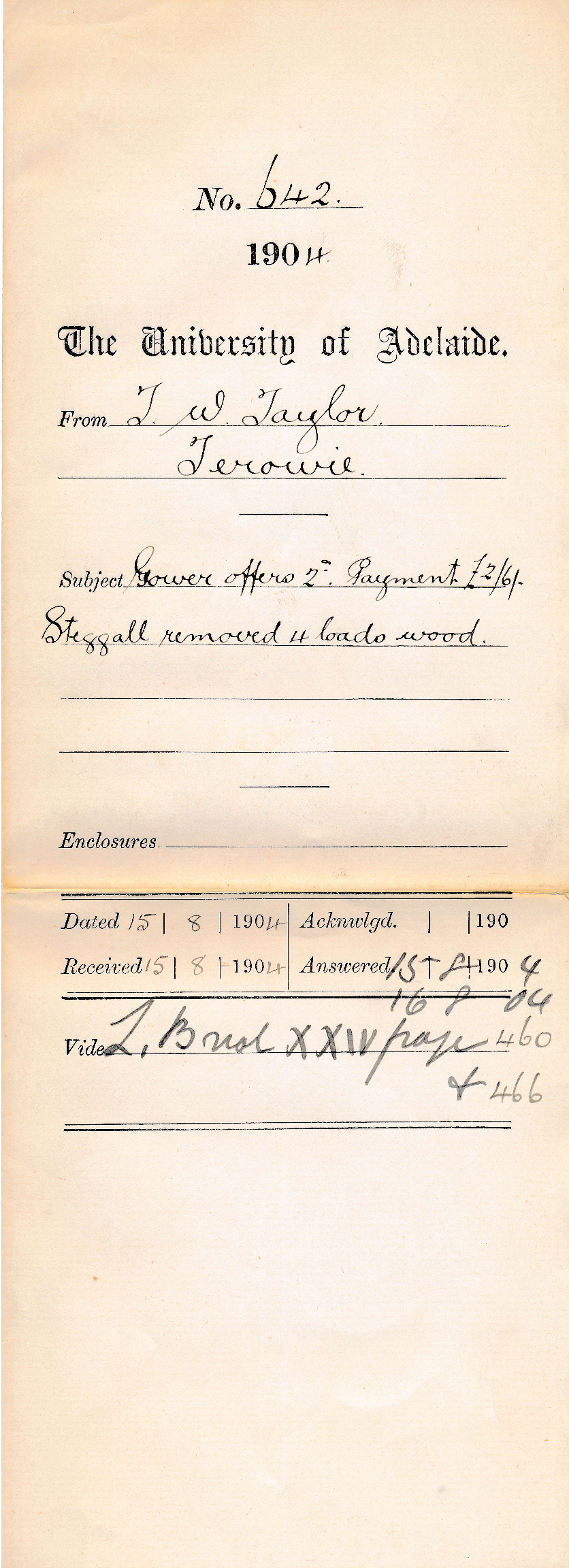 Gower offers 2nd Payment &pound;2-6-0 Steggall removed 4 loads wood