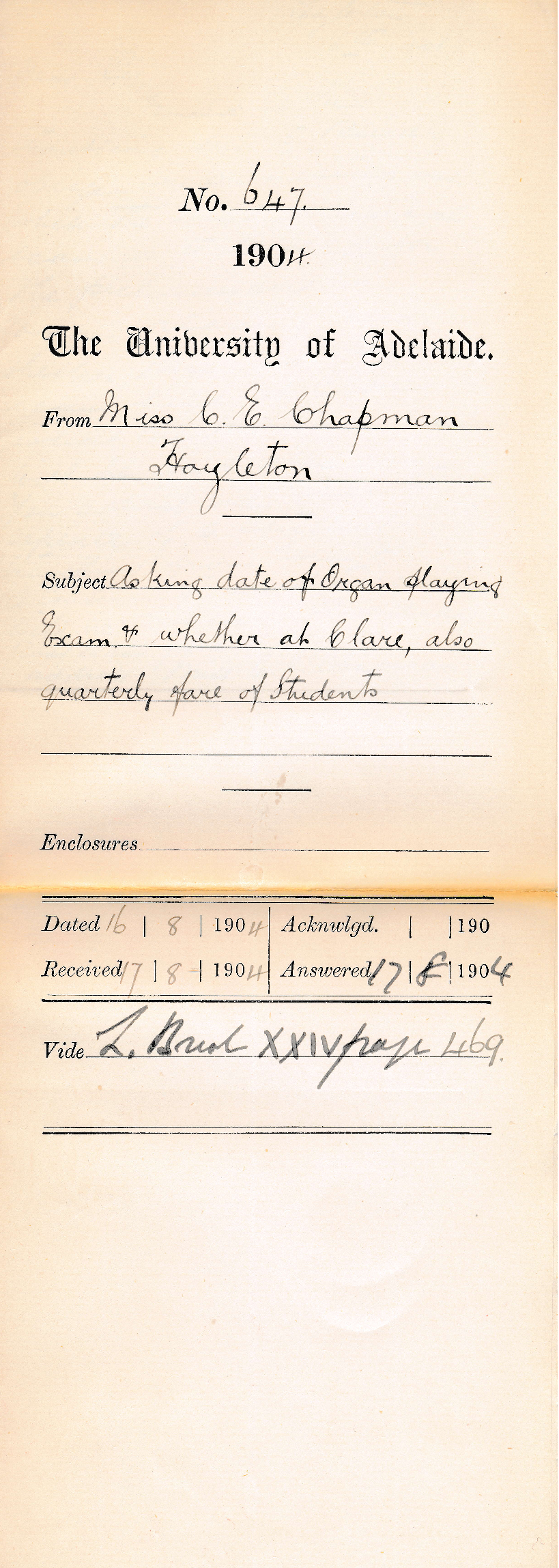 Asking date of Organ Playing Exam &amp; whether at Clare, also quarterly fare of Students