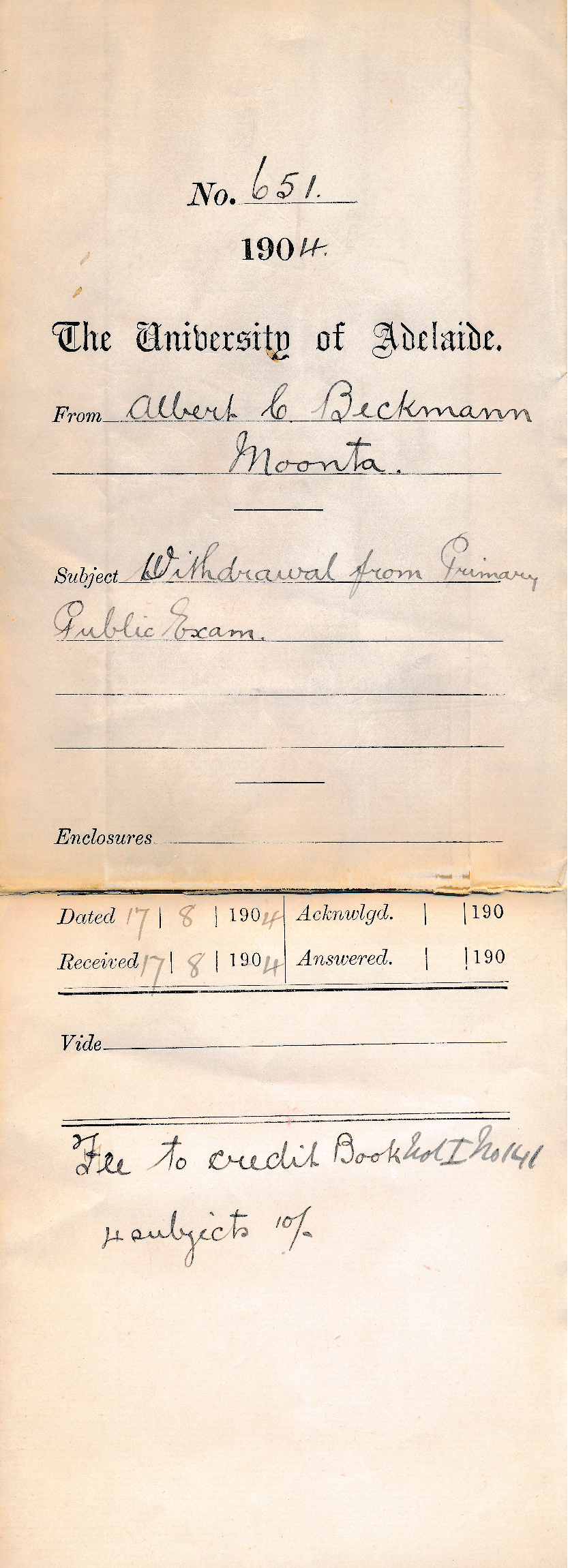 Withdrawal from Primary Public Exam