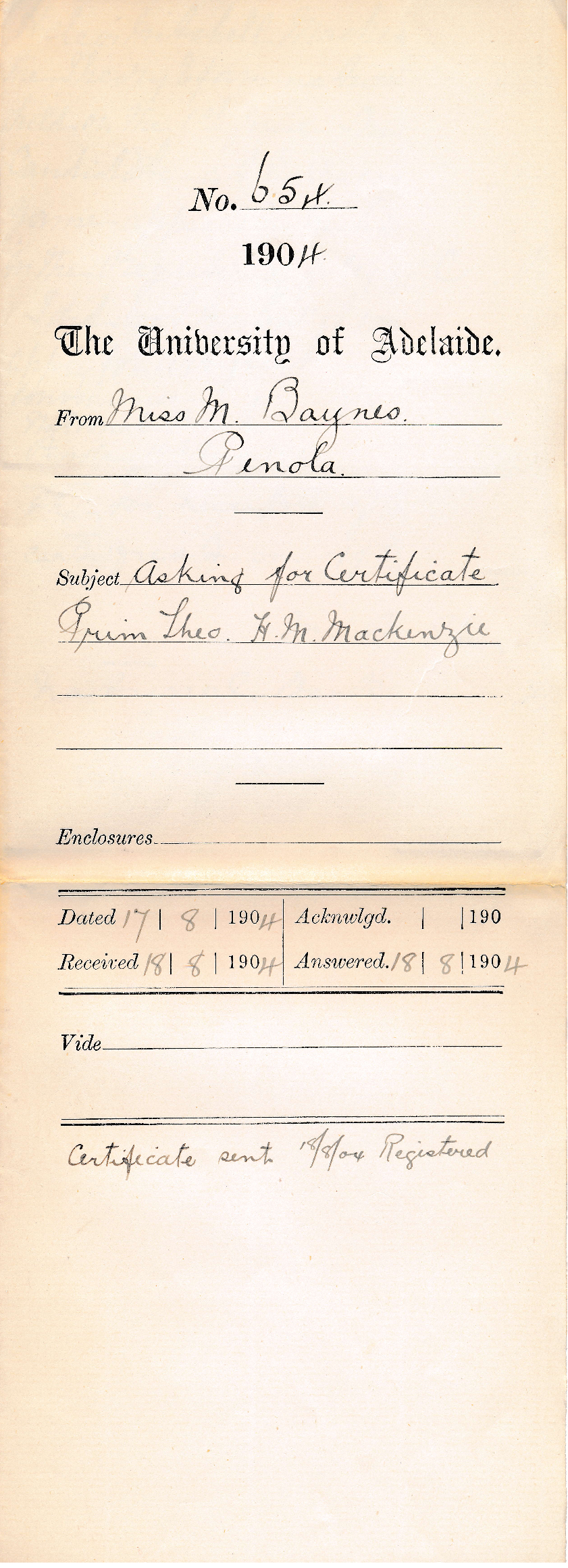 Asking for Certificate Primary Theory H M Mackenzie