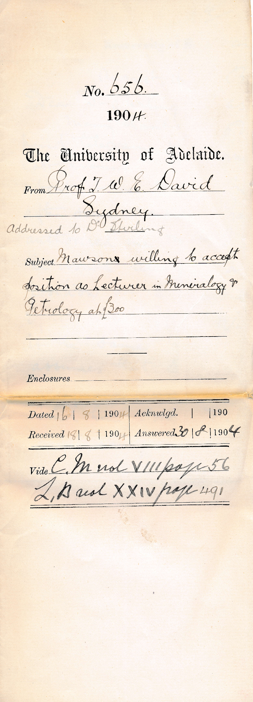 Mawson willing to accept position as Lecturer in Mineralogy &amp; Petrology